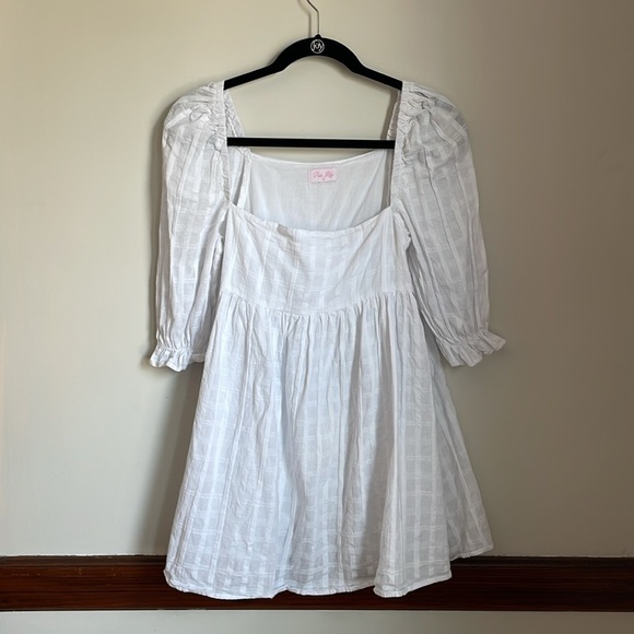 Pink Lily White Puff Sleeve Sundress Fully lined 100% Cotton sz Small - Picture 1 of 6
